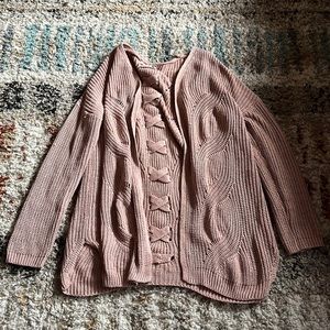 blush pink sweater with criss-cross on back. size xl! like new!!